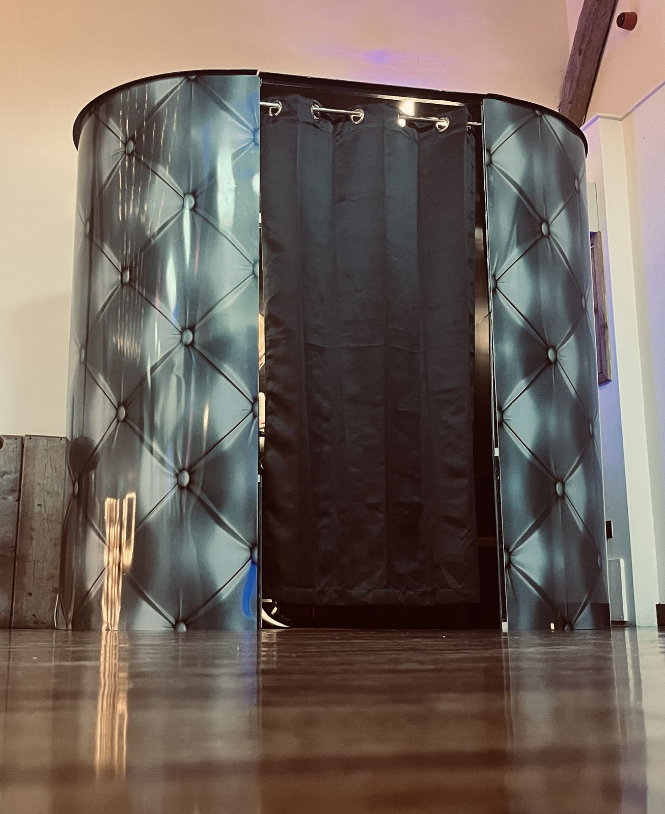 Enclosed photo booth ready for guests at Winters Barns